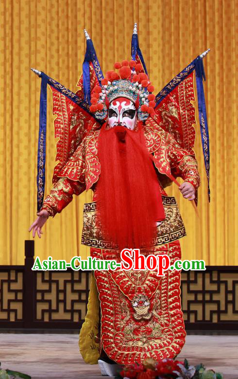 Mu Ke Zhai Chinese Peking Opera Jing Role Garment Costumes and Headwear Beijing Opera Apparels General Meng Liang Red Kao Armor Clothing with Flags