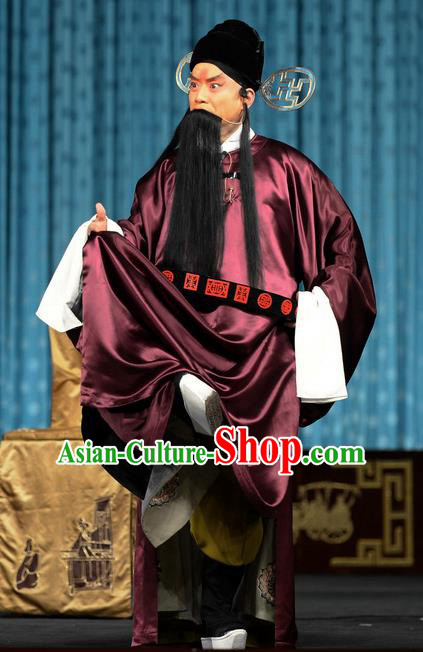 Chun Qiu Bi Chinese Peking Opera Official Wang Shaozhi Garment Costumes and Headwear Beijing Opera Laosheng Apparels Elderly Male Clothing