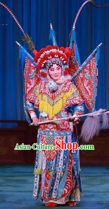 Chinese Beijing Opera Tao Ma Tan Apparels Mu Ke Zhai Costumes and Headpieces Traditional Peking Opera Female General Dress Mu Guiying Armor Garment with Flags