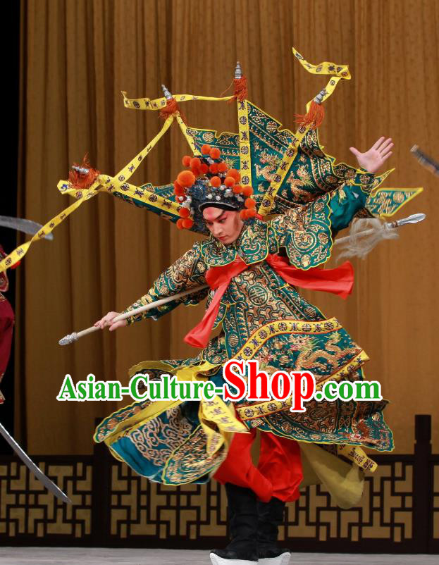 Sang Yuan Ji Zi Chinese Peking Opera Wusheng Garment Costumes and Headwear Beijing Opera General Kao with Flags Apparels Clothing