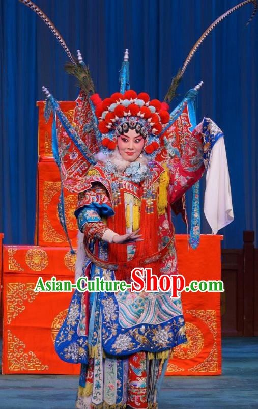 Chinese Beijing Opera Tao Ma Tan Mu Guiying Apparels Mu Ke Zhai Costumes and Headpieces Traditional Peking Opera Dress Female General Armor Garment with Flags