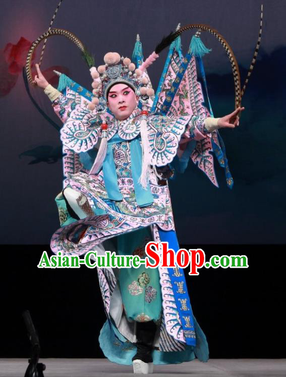 Mu Ke Zhai Chinese Peking Opera Martial Male Yang Zongbao Garment Costumes with Flags and Headwear Beijing Opera Apparels General Kao Armor Clothing