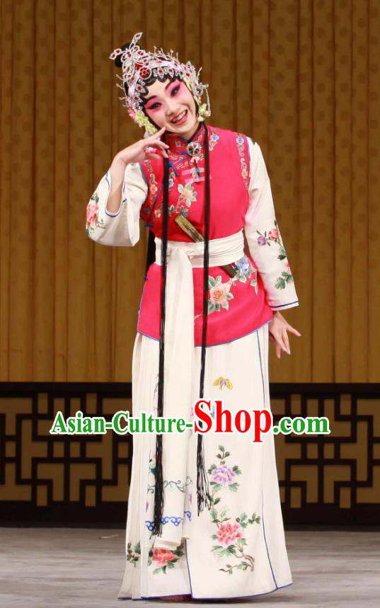 Chinese Beijing Opera Servant Girl Chun Lan Apparels Hua Tian Cuo Costumes and Headpieces Traditional Peking Opera Young Lady Dress Xiaodan Garment