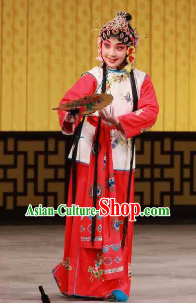 Chinese Beijing Opera Maidservant Chun Lan Apparels Hua Tian Cuo Costumes and Headpieces Traditional Peking Opera Young Lady Dress Xiaodan Garment