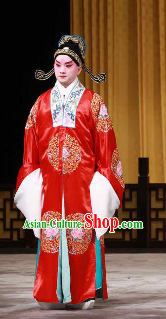 Huo Xiaoyu Chinese Peking Opera Niche Red Garment Costumes and Headwear Beijing Opera Scholar Li Yi Apparels Xiaosheng Clothing