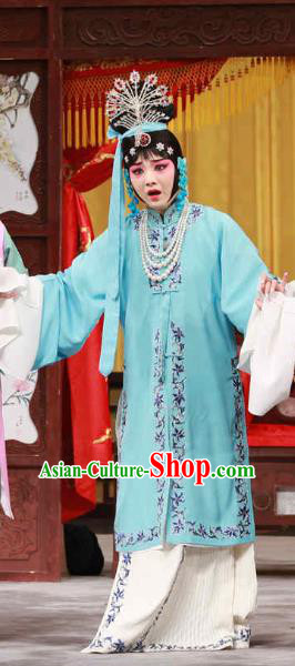 Chinese Beijing Opera Rich Lady Apparels Huo Xiaoyu Costumes and Headpieces Traditional Peking Opera Hua Tan Blue Dress Actress Diva Garment