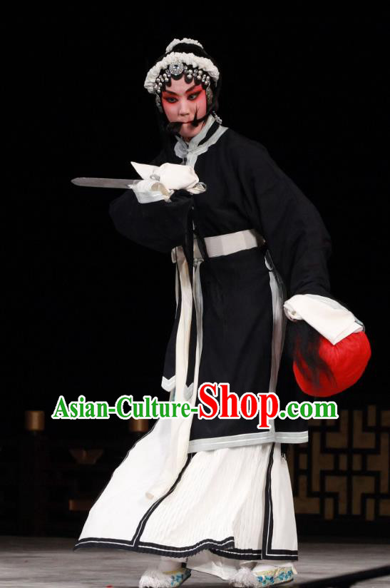 Chinese Beijing Opera Tsing Yi Black Apparels Qing Shuang Sword Costumes and Headpieces Traditional Peking Opera Young Female Dress Distress Maiden Shen Xuezhen Garment