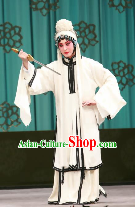 Chinese Beijing Opera Apparels Qing Shuang Sword Costumes and Headpieces Traditional Peking Opera Young Female Shen Xuezhen Dress Distress Maiden Widow Garment