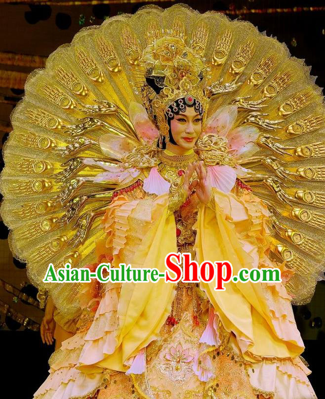 Chinese Beijing Opera Bodhisattva Apparels Love of Guan Yin Costumes and Headdress Traditional Peking Opera Mercy Buddha Dress Goddess Garment