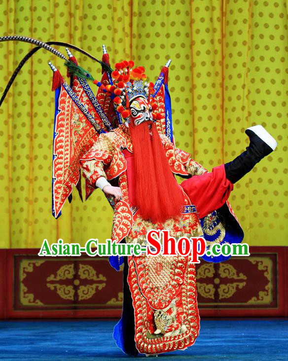 Bai Liang Guan Chinese Peking Opera General Armor Garment Costumes and Headwear Beijing Opera Apparels Martial Male Yuchi Gong Clothing with Flags