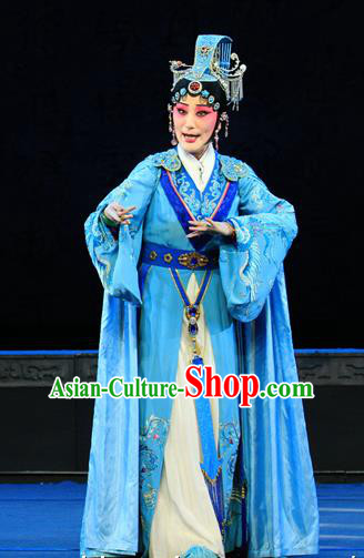 Chinese Beijing Opera Actress Apparels King Zhao Wuling Costumes and Headdress Traditional Peking Opera Hua Tan Blue Dress Queen Wu Wa Garment