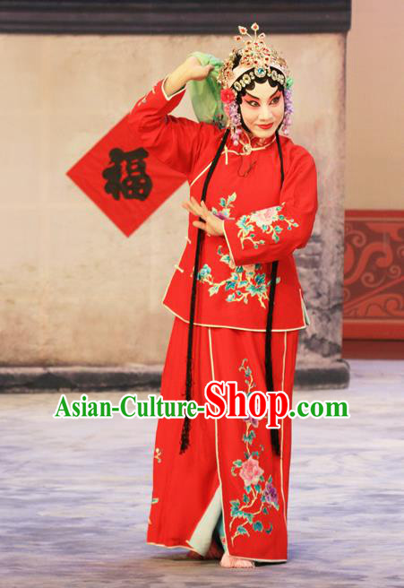 Chinese Beijing Opera Young Lady Apparels Ju Da Gang Costumes and Headdress Traditional Peking Opera Village Girl Red Dress Diva Garment