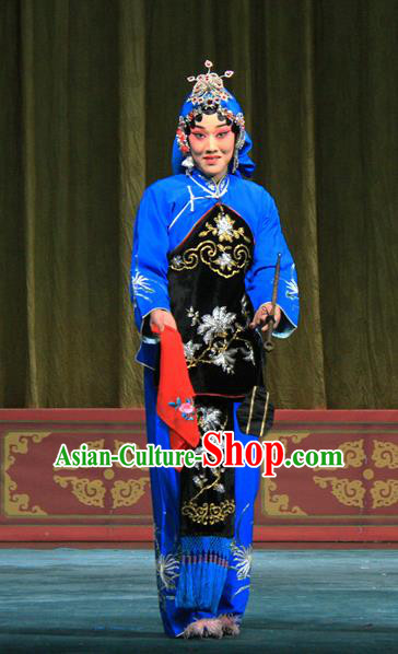 Chinese Beijing Opera Female Apparels Ju Da Gang Costumes and Headdress Traditional Peking Opera Country Woman Blue Dress Garment