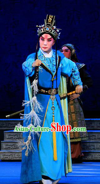King Zhao Wuling Chinese Peking Opera Prince Zhao Zhang Garment Costumes and Headwear Beijing Opera Young Male Apparels Xiaosheng Blue Clothing