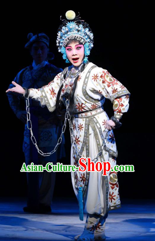 Chinese Beijing Opera Swordsplay Female Apparels Feng Yu Xing Huang Qi Costumes and Headdress Traditional Peking Opera Woman Hero Fang Yinhua Dress Garment