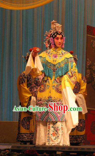Chinese Beijing Opera Queen Lv Apparels Fish and Algae Palace Costumes and Headdress Traditional Peking Opera Hua Tan Dress Emperor Garment