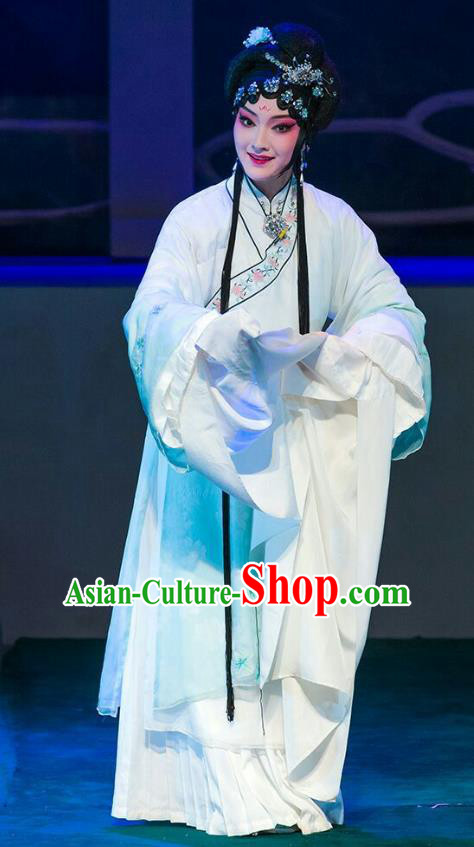 Chinese Beijing Opera Diva Nie Xiaoqian Apparels Lan Ruo Wu Geng Costumes and Headdress Traditional Peking Opera Hua Tan Dress Actress Garment