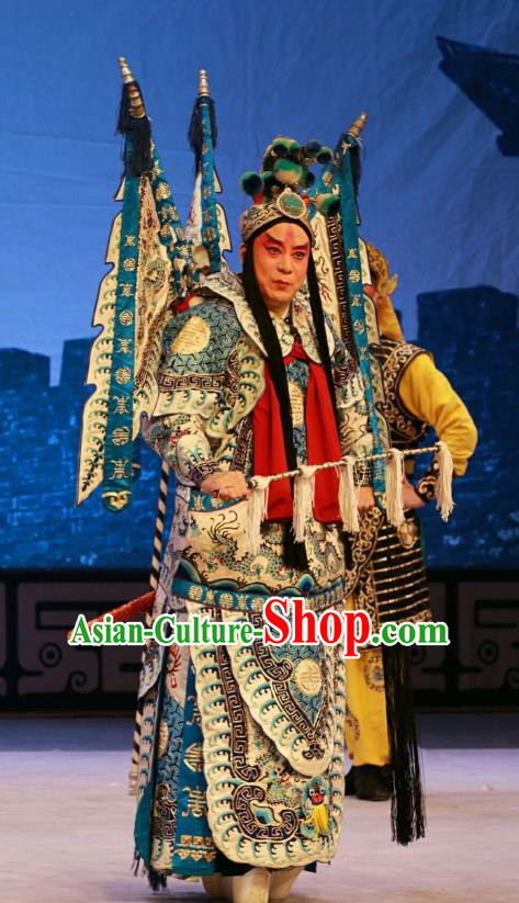 Nan Jie Guan Chinese Peking Opera General Kao Suit Garment Costumes and Headwear Beijing Opera Wusheng Apparels Armor Clothing with Flags