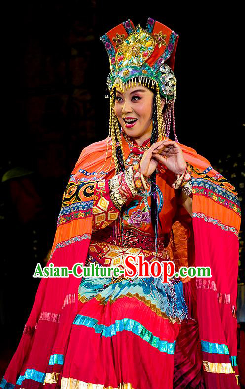 Chinese Beijing Opera Hua Tan Garment Lu Shui Yi Shan Costumes and Hair Accessories Traditional Peking Opera Actress Dress Queen Zhu Rong Apparels