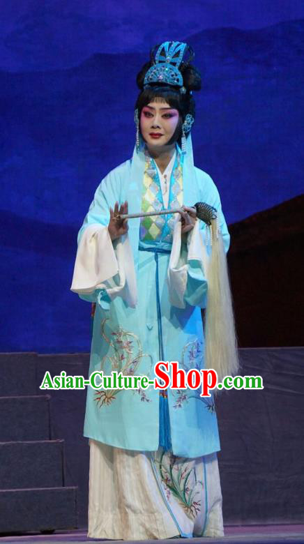 Chinese Beijing Opera Taoist Nun Apparels Princess Changping Costumes and Headdress Traditional Peking Opera Diva Dress Actress Blue Garment