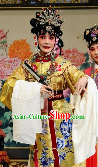 Chinese Beijing Opera Actress Garment The Dream Of Red Mansions Costumes and Hair Accessories Traditional Peking Opera Diva Wang Xifeng Golden Dress Apparels