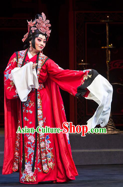 Chinese Beijing Opera Bride Cai Wenji Apparels Anecdote of Jian An Costumes and Headdress Traditional Peking Opera Hua Tan Red Dress Actress Wedding Garment