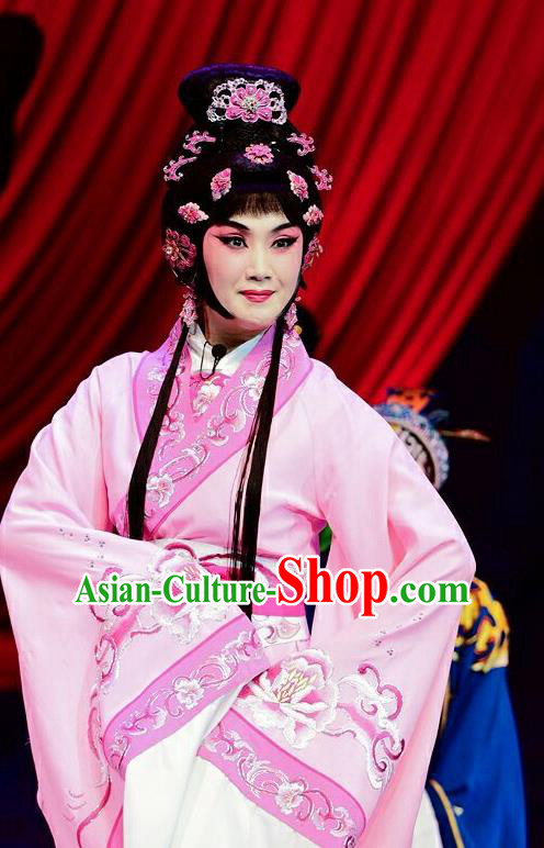 Chinese Beijing Opera Hua Tan Apparels Qi Nv Wu Rong Costumes and Headdress Traditional Peking Opera Young Female Pink Dress Actress Garment