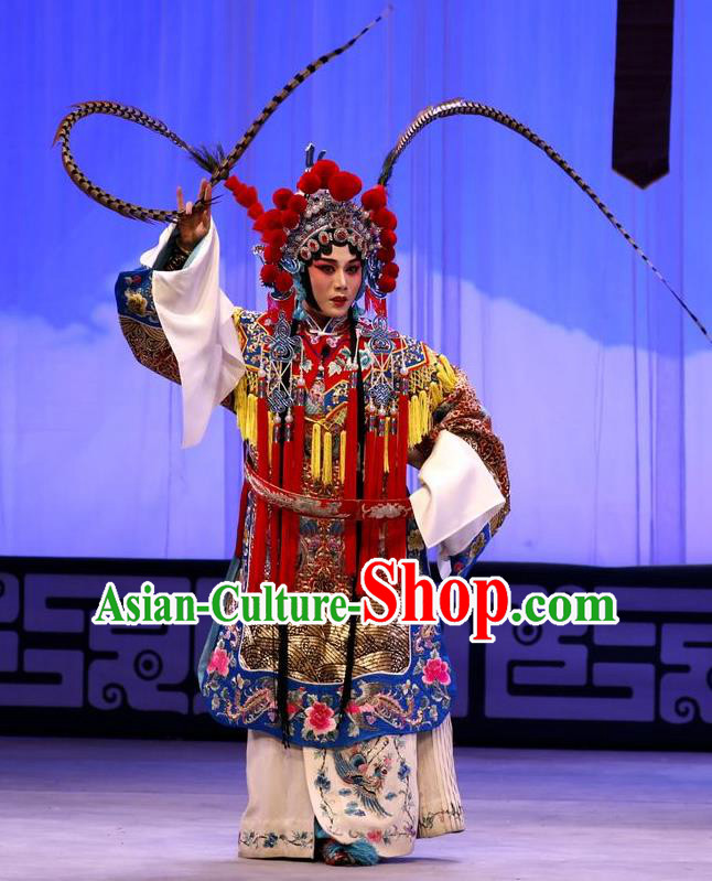 Chinese Beijing Opera Tao Ma Tan Apparels Zhan Hong Zhou Costumes and Headdress Traditional Peking Opera Blues Dress Martial Female Mu Guiying Garment