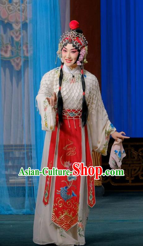 Chinese Beijing Opera Young Female Apparels Gai Rong Zhan Fu Costumes and Headdress Traditional Peking Opera Hua Tan Dress Diva Wan Xiangyou Garment