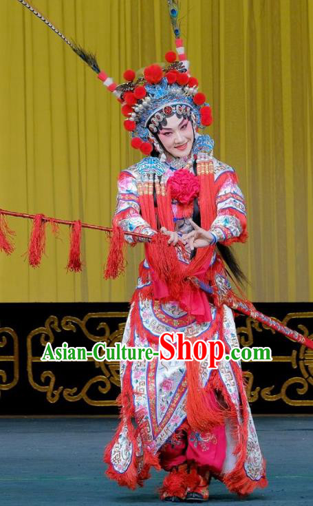 Chinese Beijing Opera Martial Female Apparels Gai Rong Zhan Fu Costumes and Headdress Traditional Peking Opera Wudan Wan Xiangyou Dress Tao Ma Tan Garment