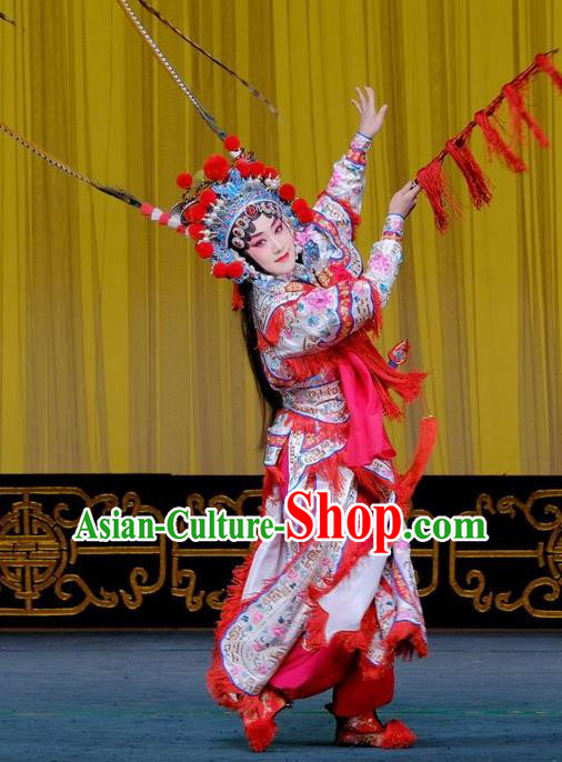 Chinese Beijing Opera Martial Female Apparels Gai Rong Zhan Fu Costumes and Headdress Traditional Peking Opera Wudan Wan Xiangyou Dress Tao Ma Tan Garment