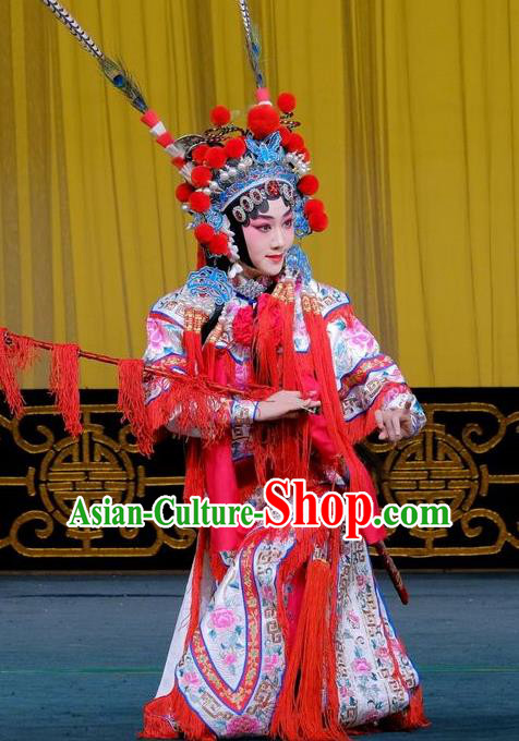 Chinese Beijing Opera Martial Female Apparels Gai Rong Zhan Fu Costumes and Headdress Traditional Peking Opera Wudan Wan Xiangyou Dress Tao Ma Tan Garment
