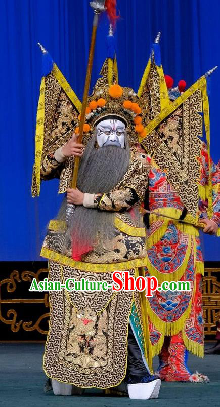 Gai Rong Zhan Fu Chinese Peking Opera General Armor Garment Costumes and Headwear Beijing Opera Kao Apparels Military Officer Han Rong Clothing with Flags