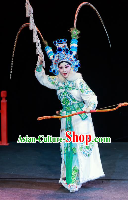 Chinese Beijing Opera Female Swordsman Apparels Chun Ri Yan Costumes and Headdress Traditional Peking Opera Martial Woman Dress Princess Yi Lan Garment