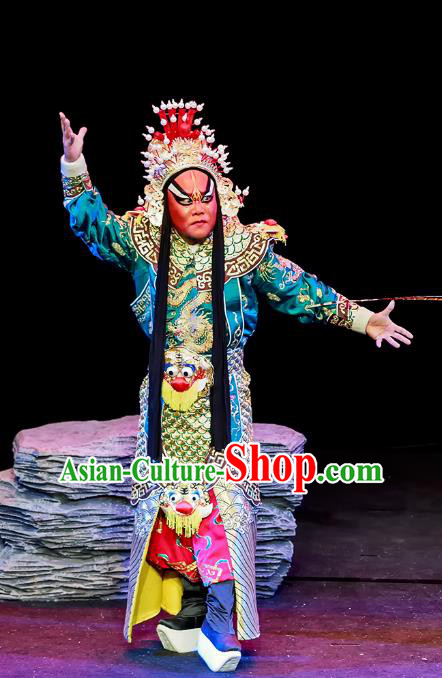 Chun Ri Yan Chinese Peking Opera Martial Male Garment Costumes and Headwear Beijing Opera Wusheng Apparels General Fan Sheng Armor Clothing