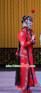 Chinese Beijing Opera Xiaodan Apparels Pu Qiu Mountain Costumes and Headdress Traditional Peking Opera Young Lady Dress Servant Girl Red Garment