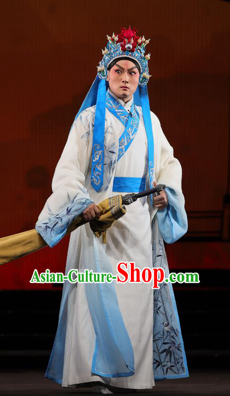 Mei Hua Zan Chinese Peking Opera Xiaosheng Garment Costumes and Headwear Beijing Opera Martial Male Apparels Swordsman Li Liangchuan Clothing