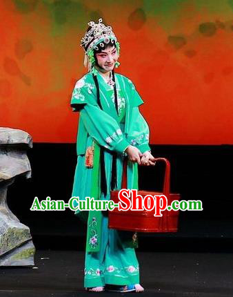 Chinese Beijing Opera Servant Girl Apparels Mei Hua Zan Costumes and Headdress Traditional Peking Opera Xiaodan Dress Maid Lady Green Garment