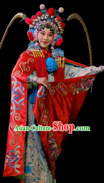 Chinese Beijing Opera Female Swordsman Apparels Fan Jiang Guan Costumes and Headdress Traditional Peking Opera Martial Female Xue Jinlian Dress Armor Garment