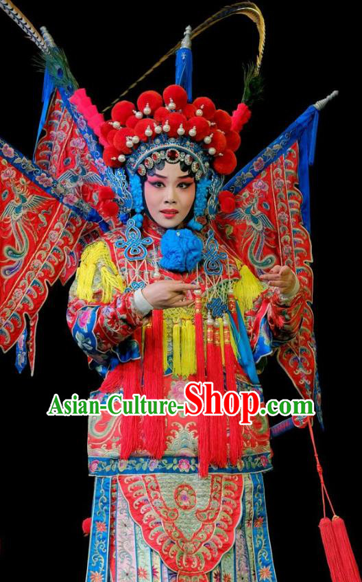 Chinese Beijing Opera Tao Ma Tan Kao Apparels Fan Jiang Guan Costumes and Headdress Traditional Peking Opera Female General Fan Lihua Dress Armor Garment with Flags