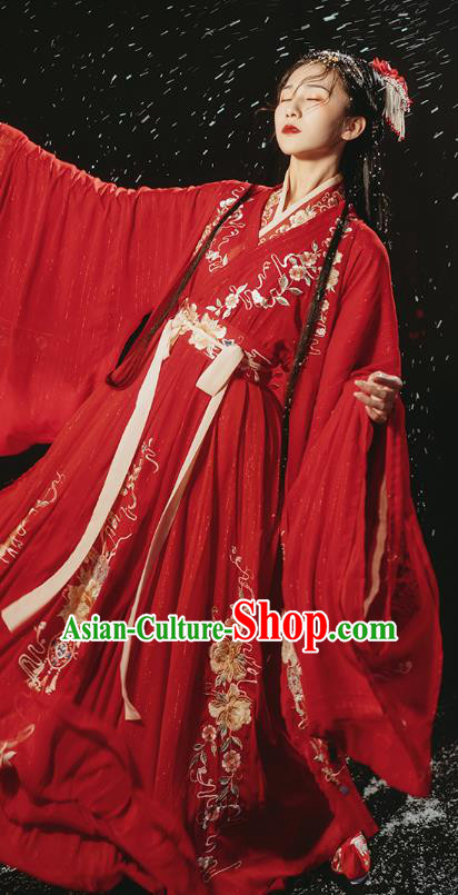 Traditional Chinese Ancient Royal Princess Embroidered Red Hanfu Dress Garment Jin Dynasty Wedding Historical Costumes Complete Set