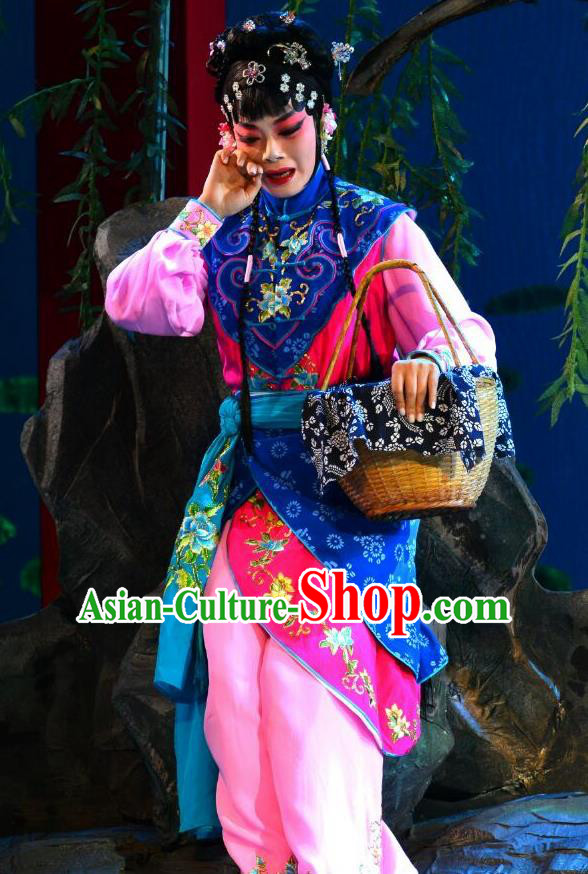 Chinese Beijing Opera Xiaodan Garment Hong Ling Yan Costumes and Hair Accessories Traditional Peking Opera Village Girl Li Fengjie Dress Apparels