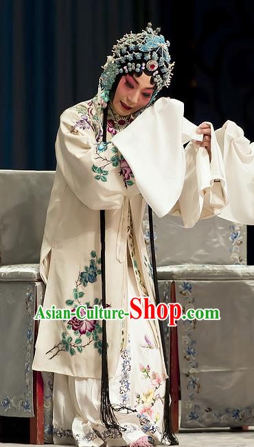 Chinese Beijing Opera Young Female Garment Zhou Ren Xian Sao Costumes and Hair Accessories Traditional Peking Opera Distress Maiden Dress Diva Apparels