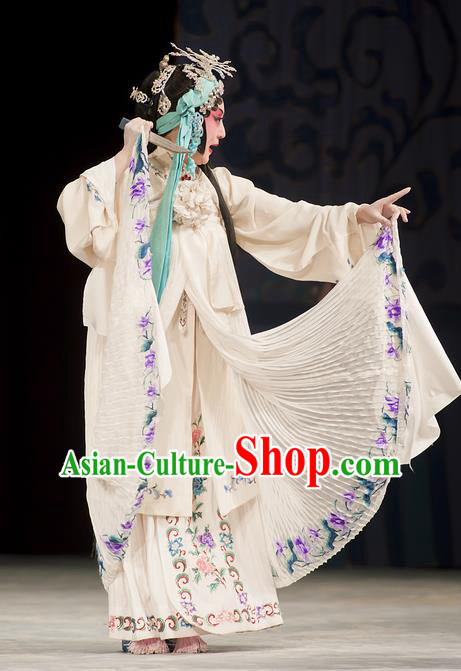 Chinese Beijing Opera Distress Maiden Garment Zhou Ren Xian Sao Costumes and Hair Accessories Traditional Peking Opera Tsing Yi White Dress Actress Apparels