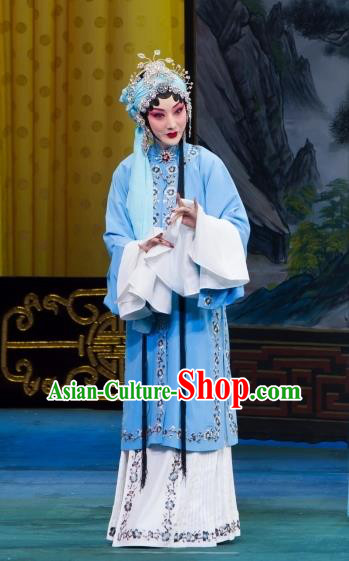 Chinese Beijing Opera Young Mistress Garment Zhou Ren Xian Sao Costumes and Hair Accessories Traditional Peking Opera Hua Tan Blue Dress Actress Apparels