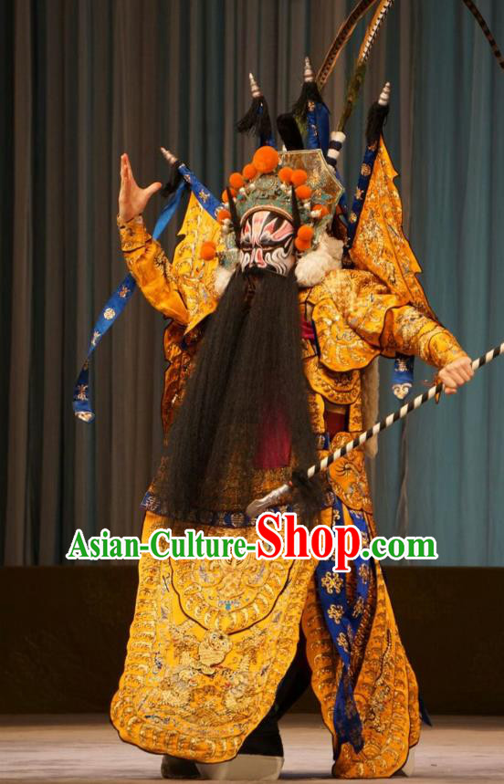 Mu Yang Juan Chinese Peking Opera General Huang Long Apparels Costumes and Headpieces Beijing Opera Wusheng Garment Armor Clothing with Flags