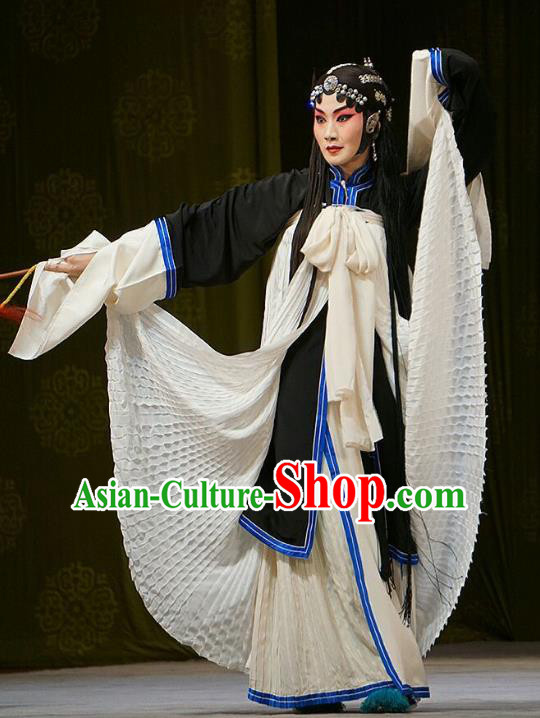 Chinese Beijing Opera Widow Zhao Jintang Garment Mu Yang Juan Costumes and Hair Accessories Traditional Peking Opera Tsing Yi Dress Distress Maiden Apparels