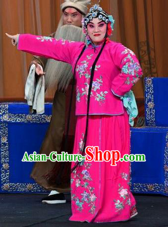 Chinese Beijing Opera Elder Sister Garment Li Sanniang Costumes and Hair Accessories Traditional Peking Opera Young Mistress Rosy Dress Apparels