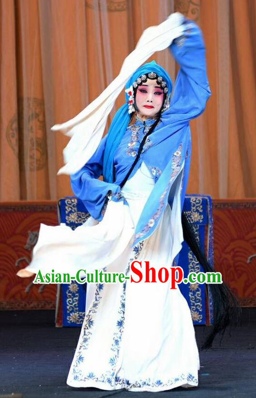 Chinese Beijing Opera Diva Garment Li Sanniang Costumes and Hair Accessories Traditional Peking Opera Young Mistress Dress Distress Maiden Apparels