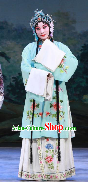 Chinese Beijing Opera Actress Young Female Garment Ye Zhu Lin Costumes and Hair Accessories Traditional Peking Opera Hua Tan Blue Dress Apparels